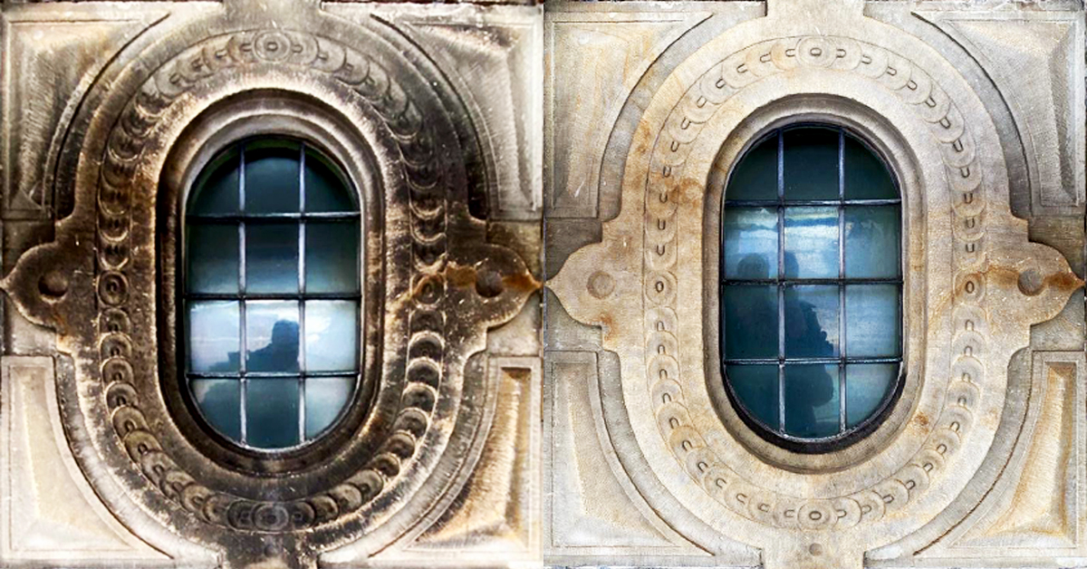 voor- en na-foto gevelreiniging voorgevel stadhuis Leiden